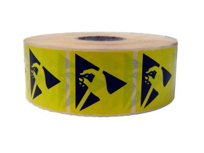 Adhesive label with ESD symbol, Yellow and Black colour, square shape. Sticker size: 50 x 50 mm. ESD safe: No. Packaging: 2100 pieces roll.