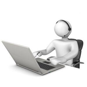 White chartoon character with headset, table, notebook and swivel chair.