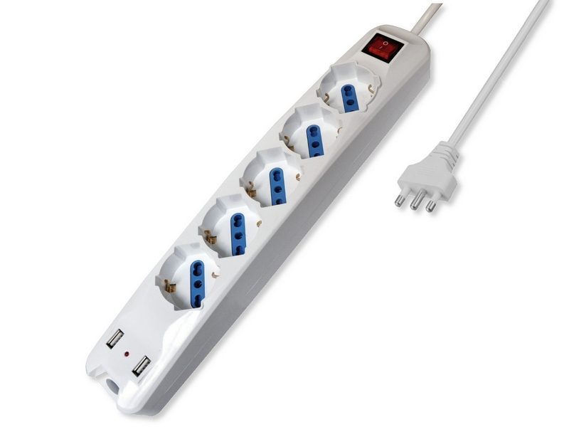Multipresa elettrica 5 prese italiane bipasso con 2 porte USB