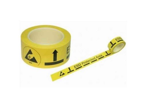 High resistance floor marking tape for EPA areas, Yellow/Black colour. Equipped with ESD symbol, indicating arrows and warning: "ESD PROTECTED AREA".