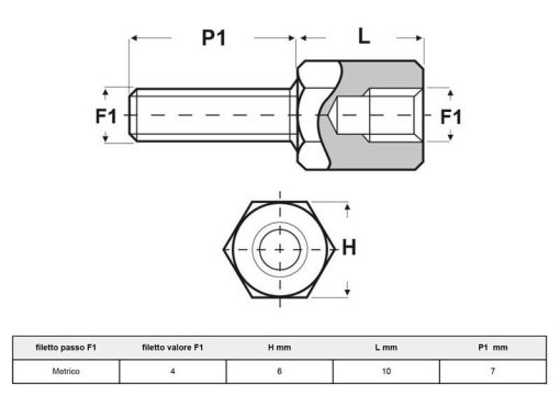 Distanziale esagonale in ottone nichelato CH6 M/F M4 (10mm) - Disegno tecnico