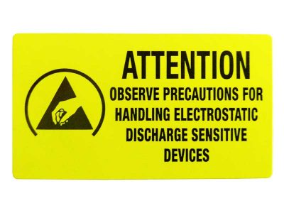 Sticky labels with ESD symbol and warnings: "ATTENTION", "OBSERVE PRECAUTIONS FOR HANDLING ELECTROSTATIC DISCHARGE SENSITIVE DEVICES".