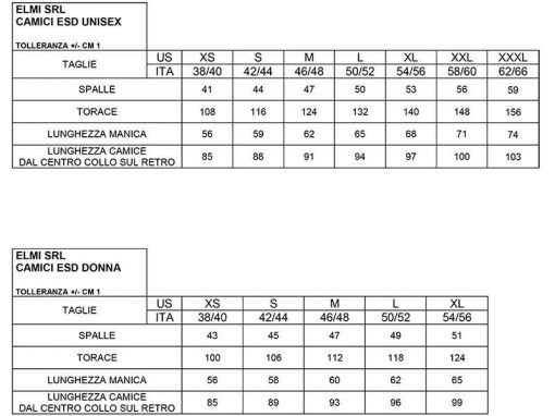 El.Mi ESD Smocks - Sizes Chart (ITA, 2019)