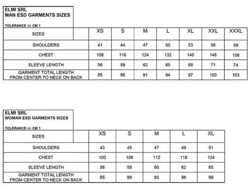 El.Mi ESD Smocks - Sizes Chart (ENG, 2019)