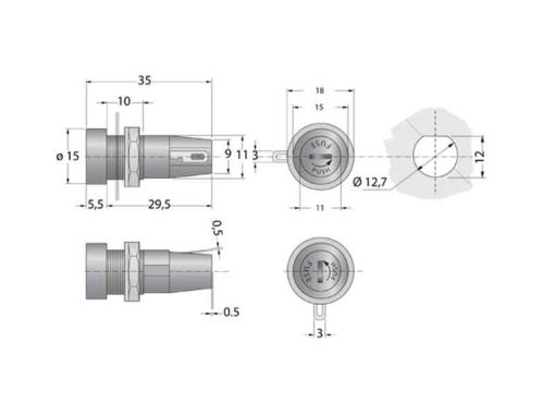 Portafusibile da pannello per fusibile 5x20mm - Dimensioni