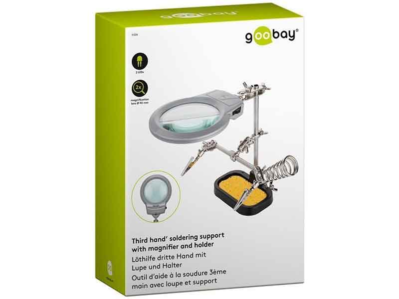 Supporto per saldatura con 2 clip portacircuiti, spugna e lente LED (Ø90mm, 2x) Glass lens diameter: Ø 90 mm - Magnification: 2 x