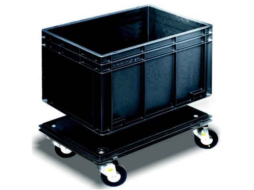 ESD safe conductive trolley for Newbox Euro Standard storage containers. Dimensions: 600 x 400 mm. Offer includes: 1 base with 4 wheels (2 have brakes).