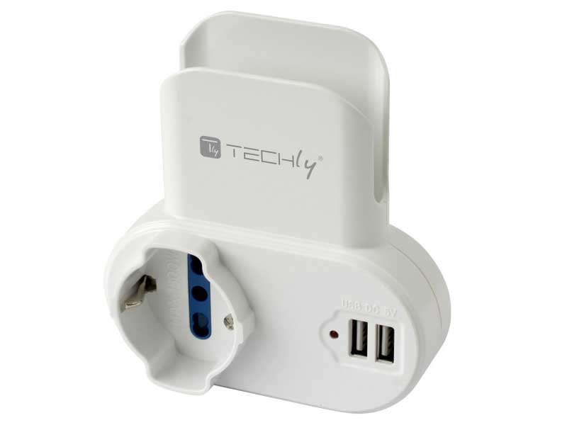 Adattatore presa bipasso/Schuko con 2 USB e portacellulare