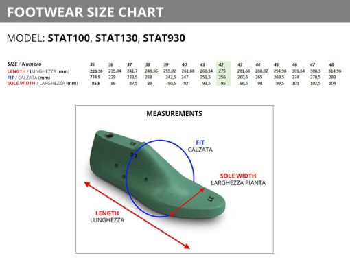 Size Chart for STAT100, STAT130 and STAT930 Mod. Footwear