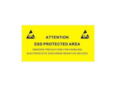 Adhesive sign for EPA areas made of rigid plastic, equipped with ESD symbol and warning: “ATTENTION ESD PROTECTED AREA“, “OBSERVE PRECAUTIONS FOR HANDLING ELECTROSTATIC DISCHARGE SENSITIVE DEVICES“.