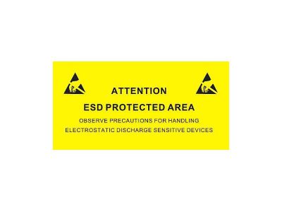 Segnale EPA autoadesivo con rivestimento antistatico ESD. Completo di simbolo ESD e avviso: “ATTENTION ESD PROTECTED AREA" "OBSERVE PRECAUTIONS FOR HANDLING ELECTROSTATIC DISCHARGE SENSITIVE DEVICES"
