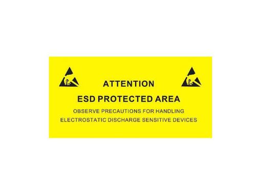 Segnale EPA autoadesivo con rivestimento antistatico ESD. Completo di simbolo ESD e avviso: “ATTENTION ESD PROTECTED AREA" "OBSERVE PRECAUTIONS FOR HANDLING ELECTROSTATIC DISCHARGE SENSITIVE DEVICES"