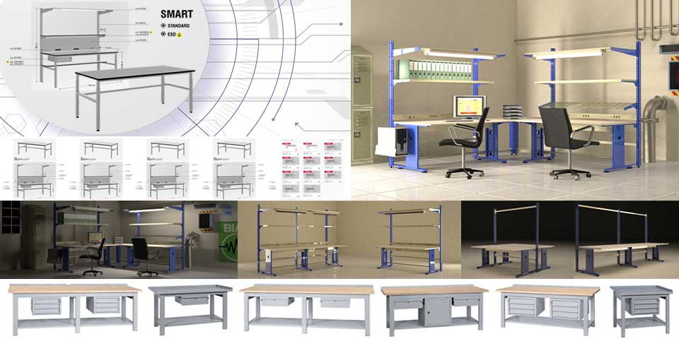 Assortimento banchi da lavoro per elettronica e officina in versione standard o ESD per aree EPA.