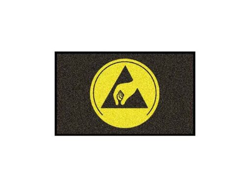 Dirt-trapping floor mat with ESD symbol, effective against road dirt, fine dirt, sand and wetness. High resilience and wear resistance. Colour Black/Yellow.