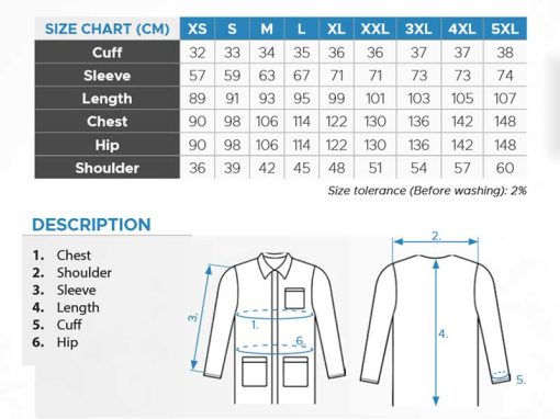 ESL ESD Smock (Blue/White, XS-5XL) - Size Chart
